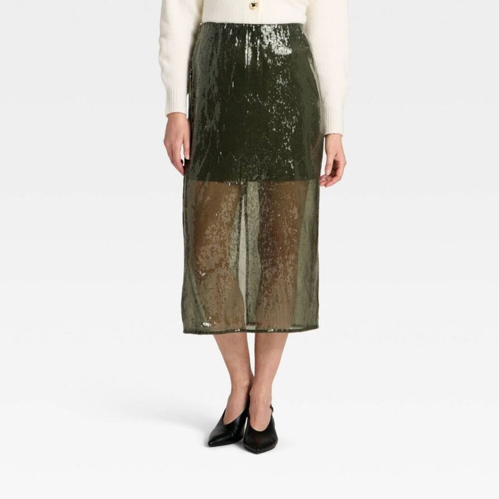 Women's Sequin Midi Skirt - A New Day Green S